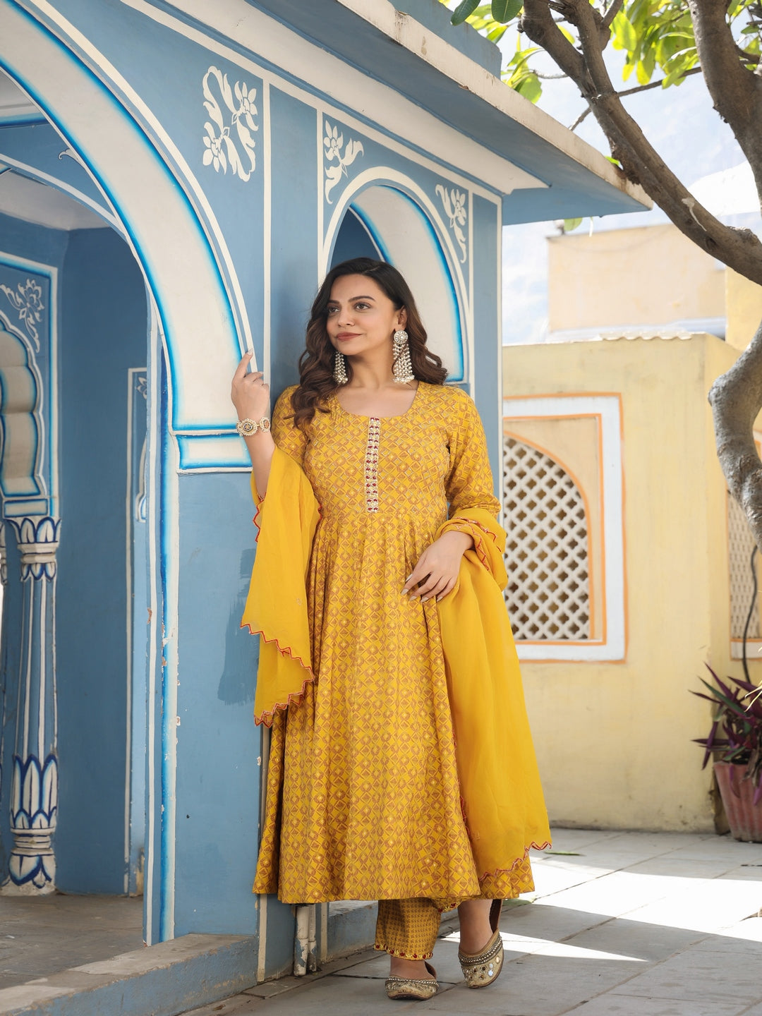 Mustard Chanderi Anarkali Set With Dupatta