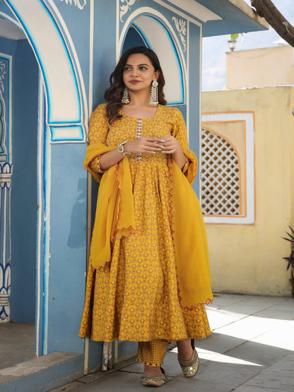 Mustard Chanderi Anarkali Set With Dupatta