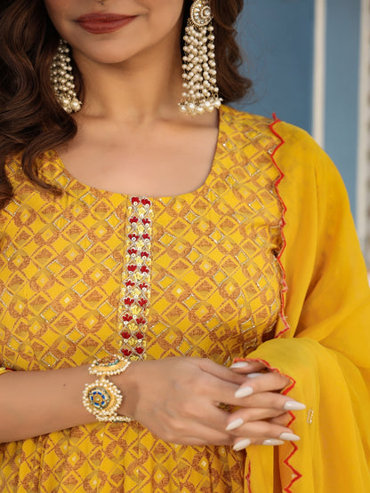 Mustard Chanderi Anarkali Set With Dupatta