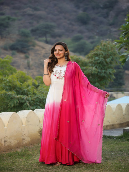 Pink Ombre Muslin Ethnic Dress With Dupatta