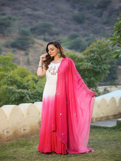 Pink Ombre Muslin Ethnic Dress With Dupatta