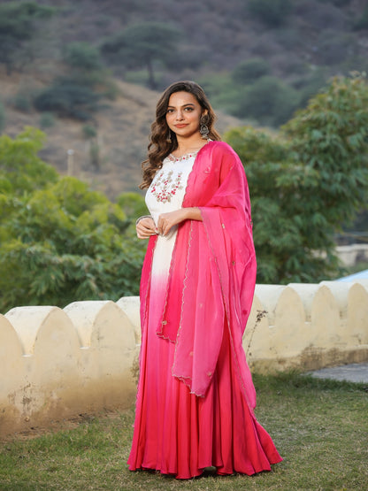 Pink Ombre Muslin Ethnic Dress With Dupatta