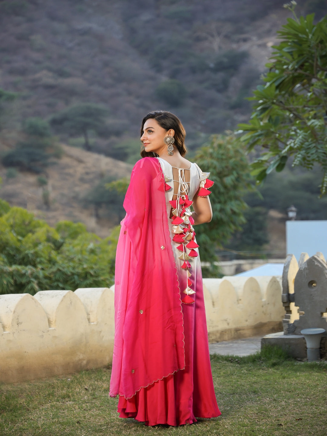 Pink Ombre Muslin Ethnic Dress With Dupatta