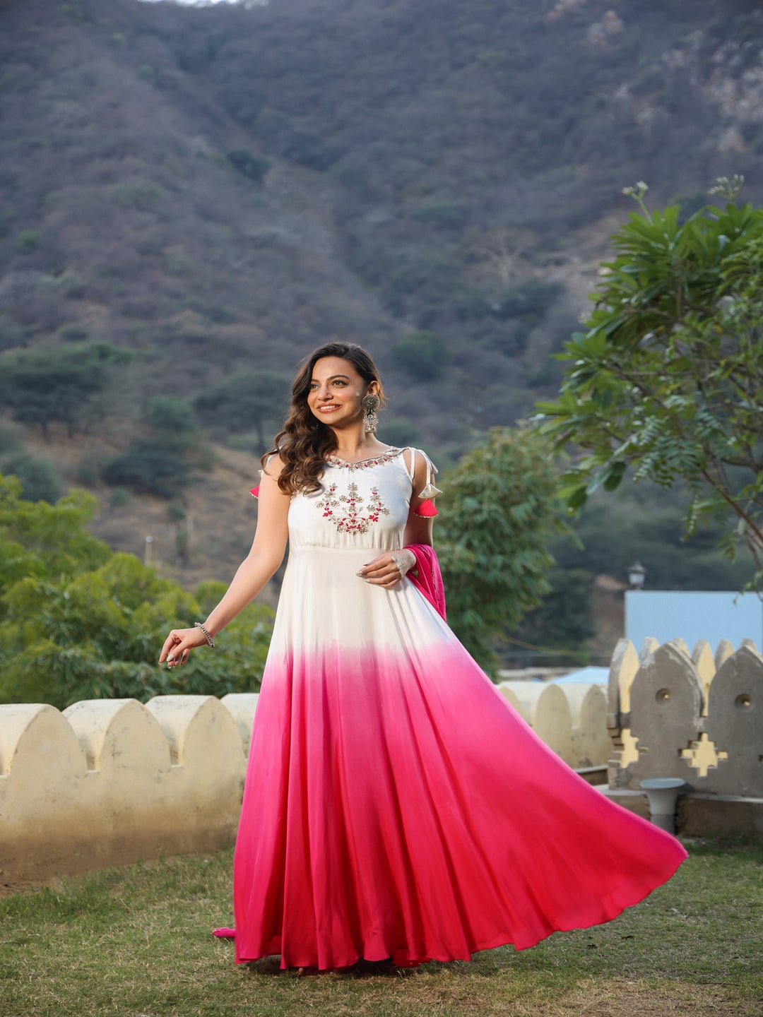 Pink Ombre Muslin Ethnic Dress With Dupatta