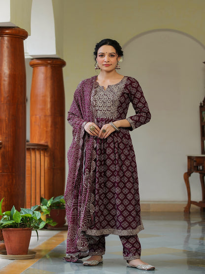 Claret Embroidered Rayon Suit Set