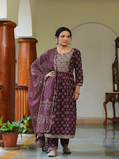 Claret Embroidered Rayon Suit Set