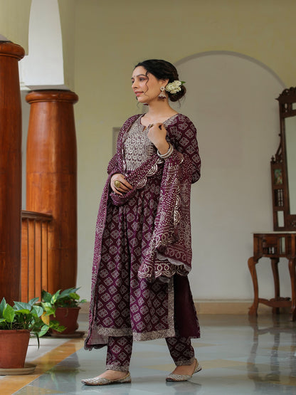 Claret Embroidered Rayon Suit Set