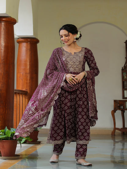 Claret Embroidered Rayon Suit Set