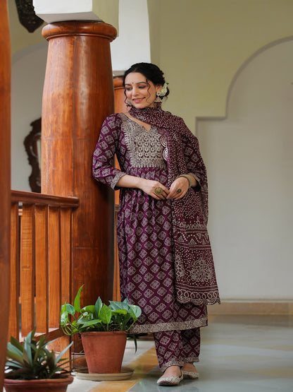 Claret Embroidered Rayon Suit Set