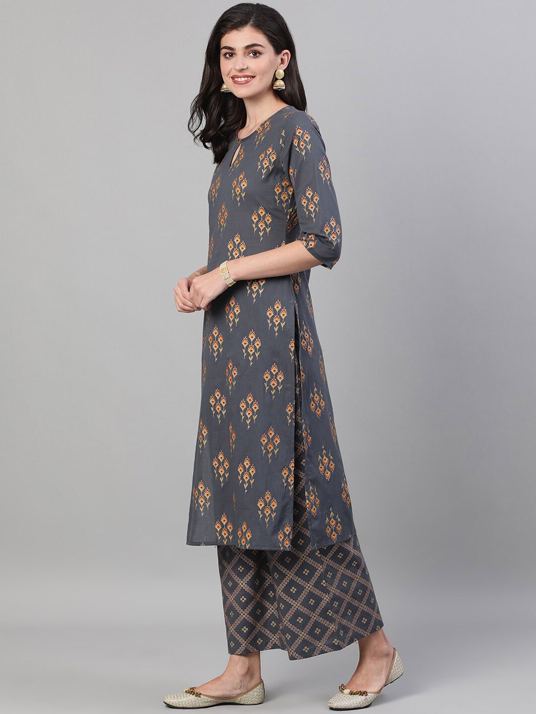 Women Steel Grey Gold Printed Three-Quarter Sleeves Kurta-Palazzo with pockets Dupatta And Face Mask