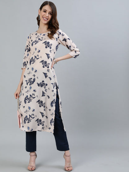 Women Cream Printed Straight Kurta With Three Quarter Sleeves