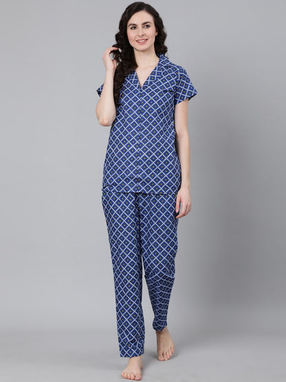 Women Blue Printed Night suit