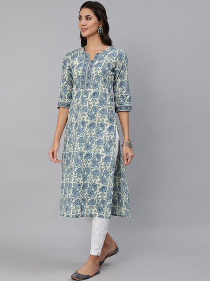 Women Blue & Cream Floral Printed Straight Kurta With Three Quarter Sleeves