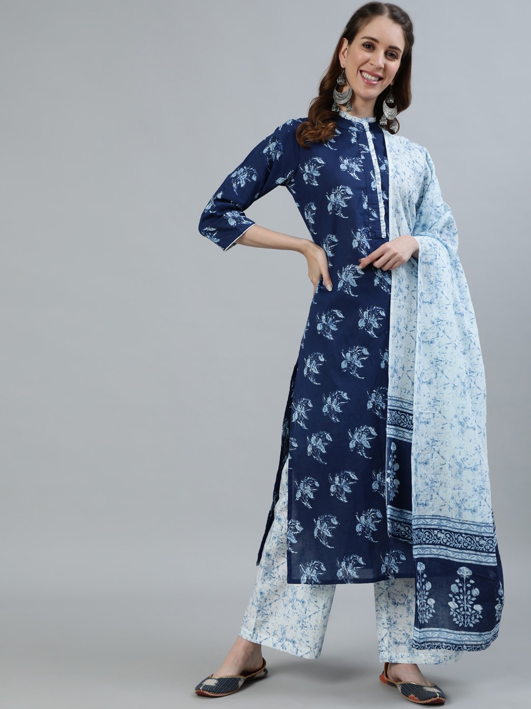 Women Indigo Blue Printed Straight kurta with Plazo & Dupatta