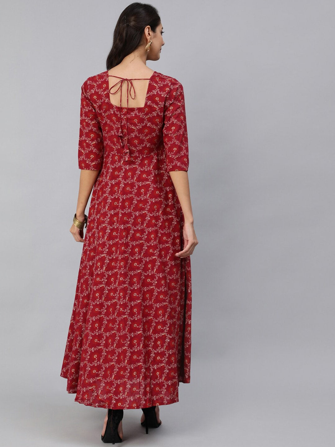 Women Burgundy & Gold Printed Maxi Dress With Three Quarter Sleeves