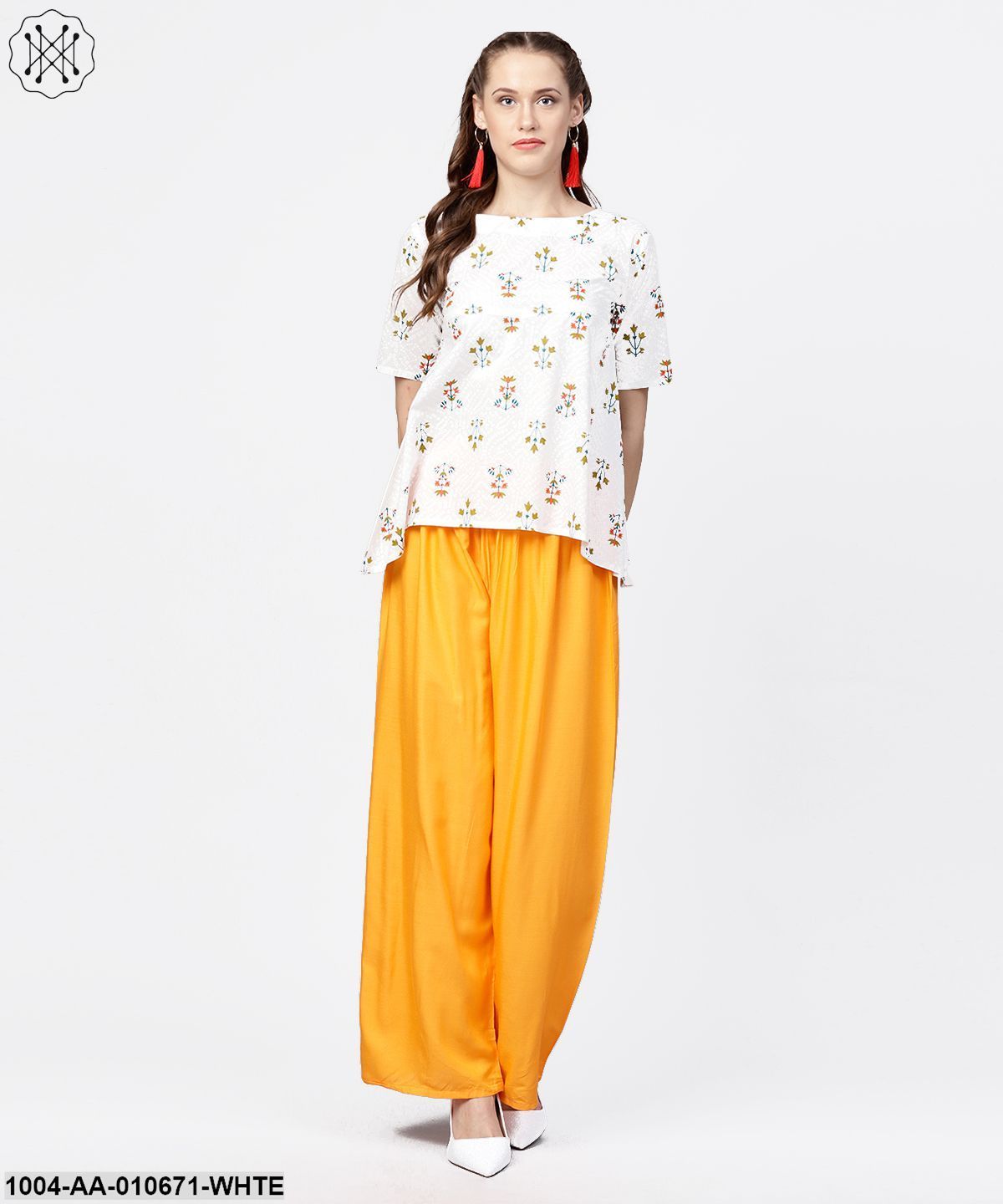 White Printed Half Sleeve Short Cotton Top With Yellow Regular Fit Palazzo