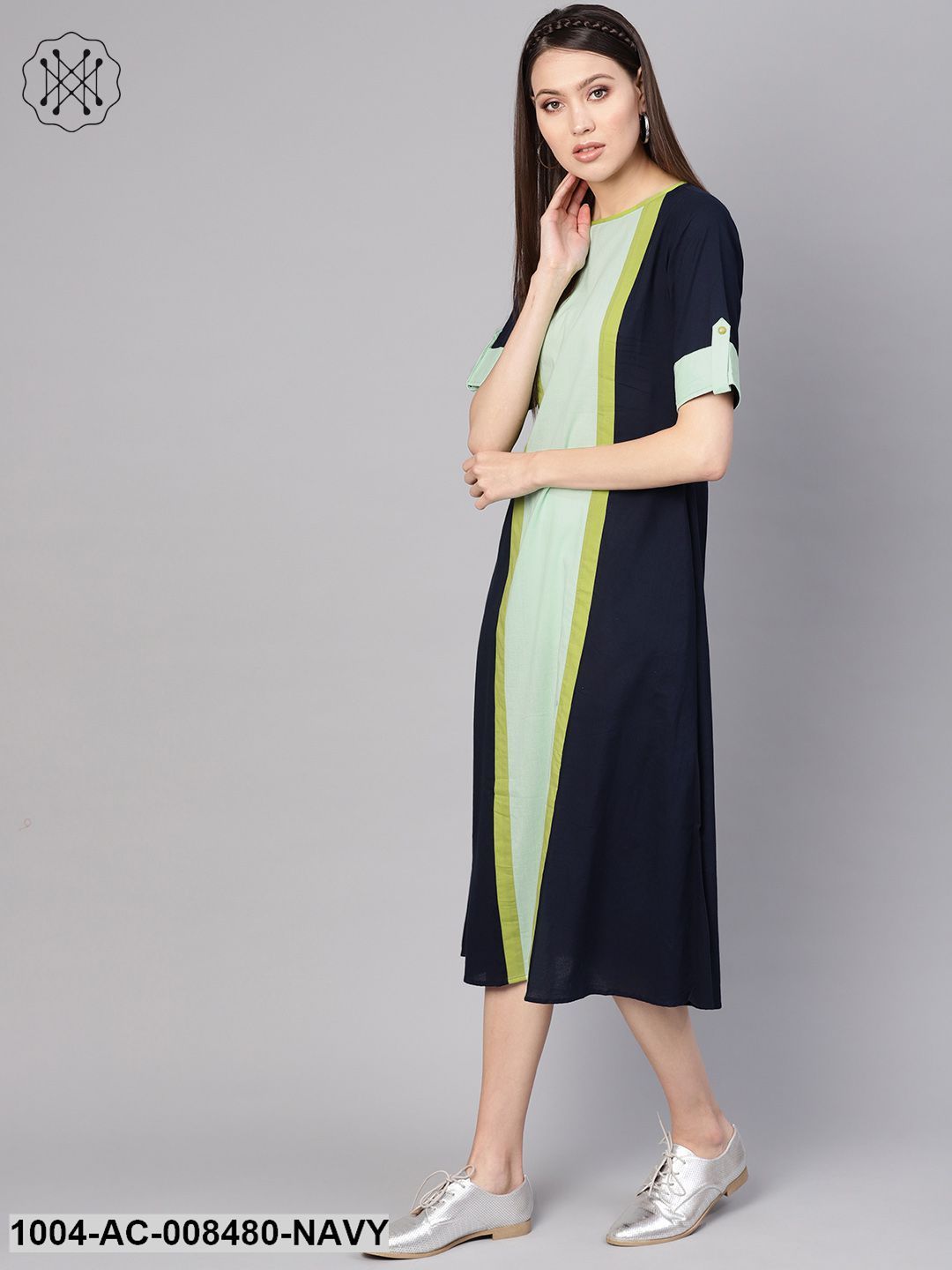 Navy Blue Color Blocked Panel Dress With Round Neck & Half Sleeves