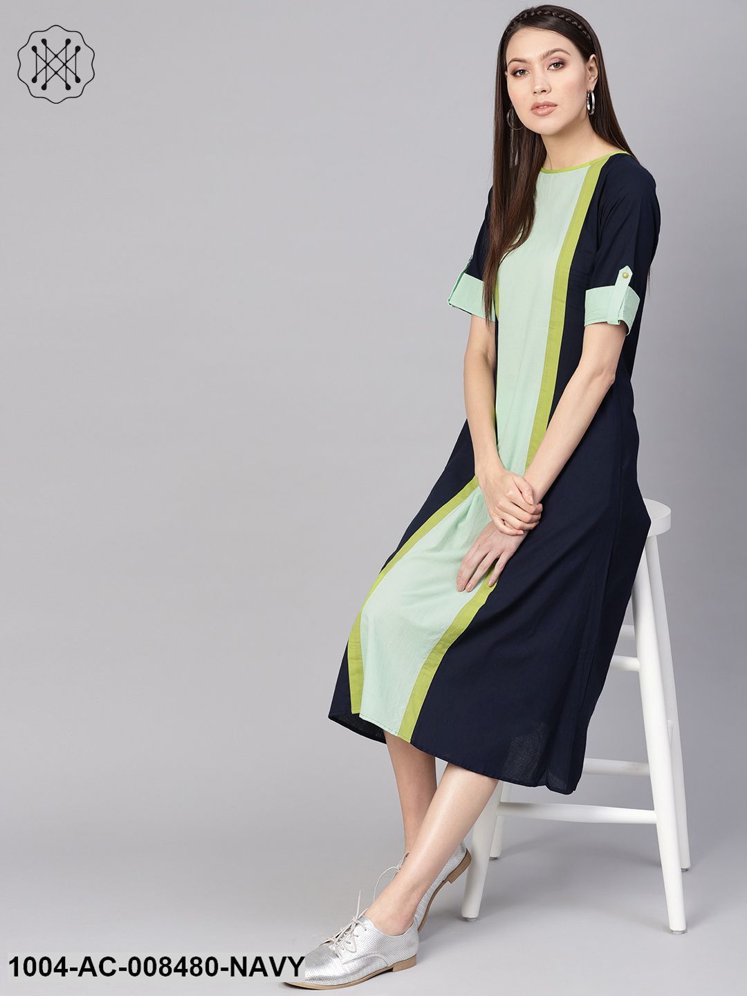 Navy Blue Color Blocked Panel Dress With Round Neck & Half Sleeves