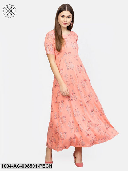 Peach Printed Half Sleeve Cotton Maxi Dress