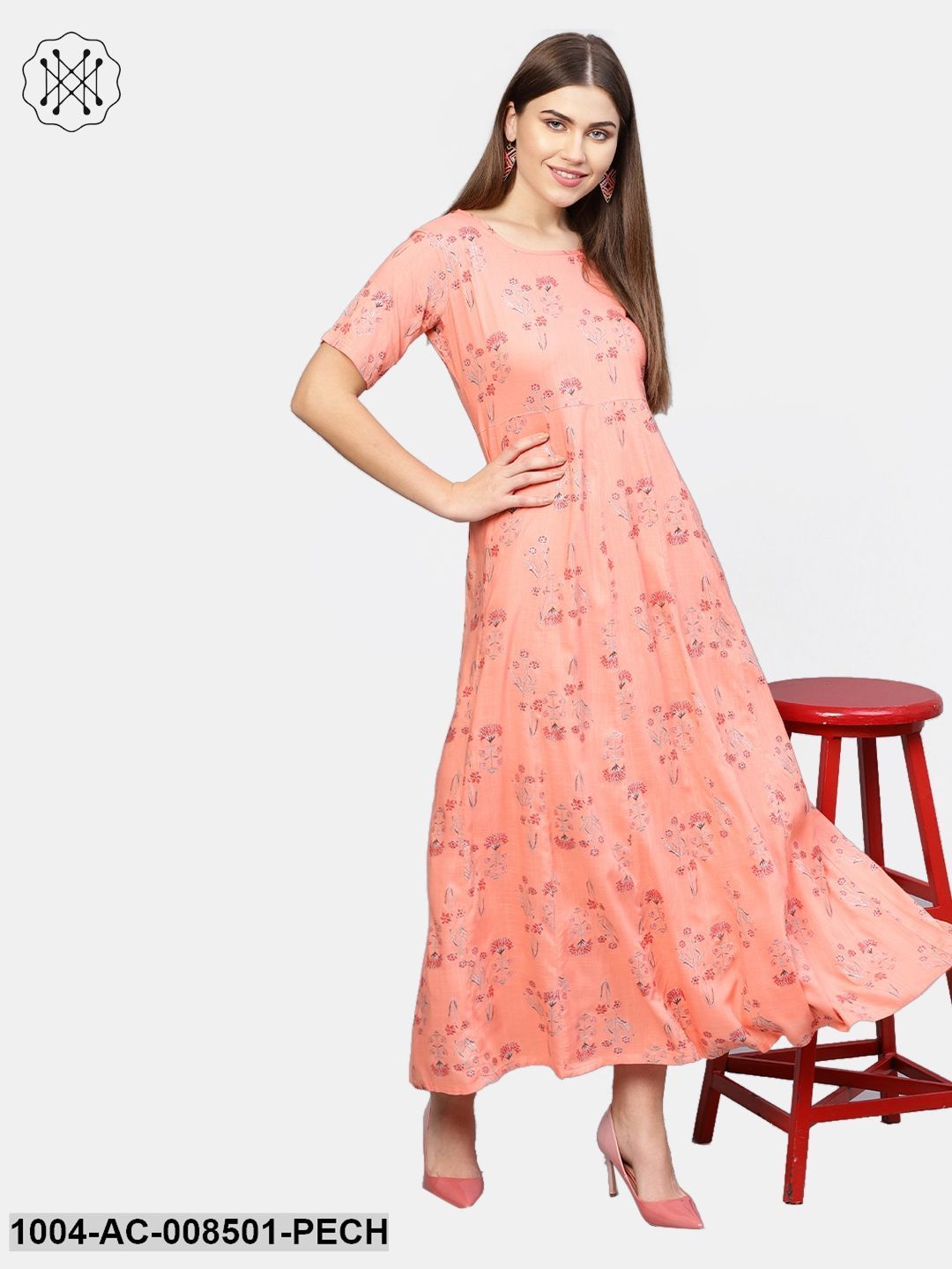 Peach Printed Half Sleeve Cotton Maxi Dress