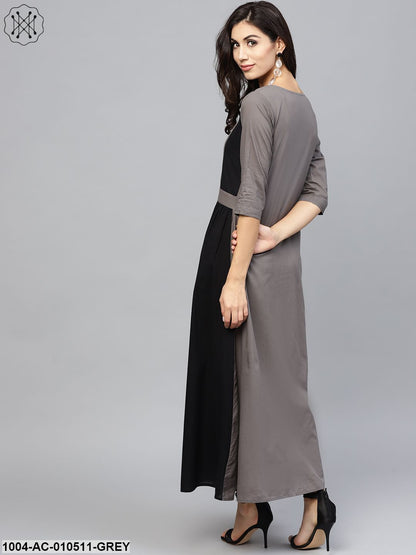 Grey And Color Blocking Dress With Round Neck And 3/4 Sleeves