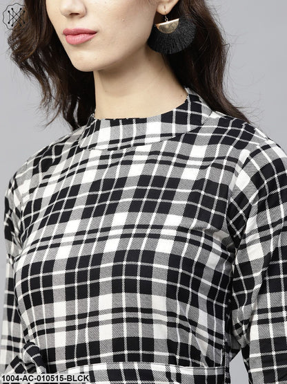 Black & White Checked Dress With Roll Collar And 3/4 Sleeves