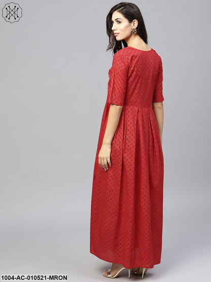 Maroon Printed Maxi Dress With Round Neck And Half Sleeves