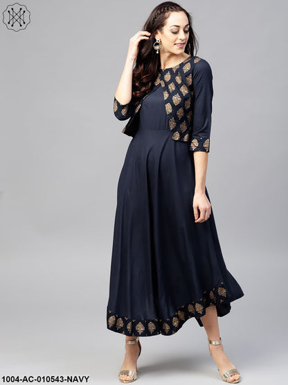 Navy Blue3/4Th Sleeve Printed Maxi Dress With Round Neck