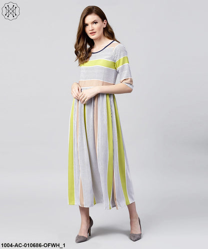 Off White Half Sleeve Striped Crepe Maxi Dress