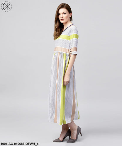 Off White Half Sleeve Striped Crepe Maxi Dress