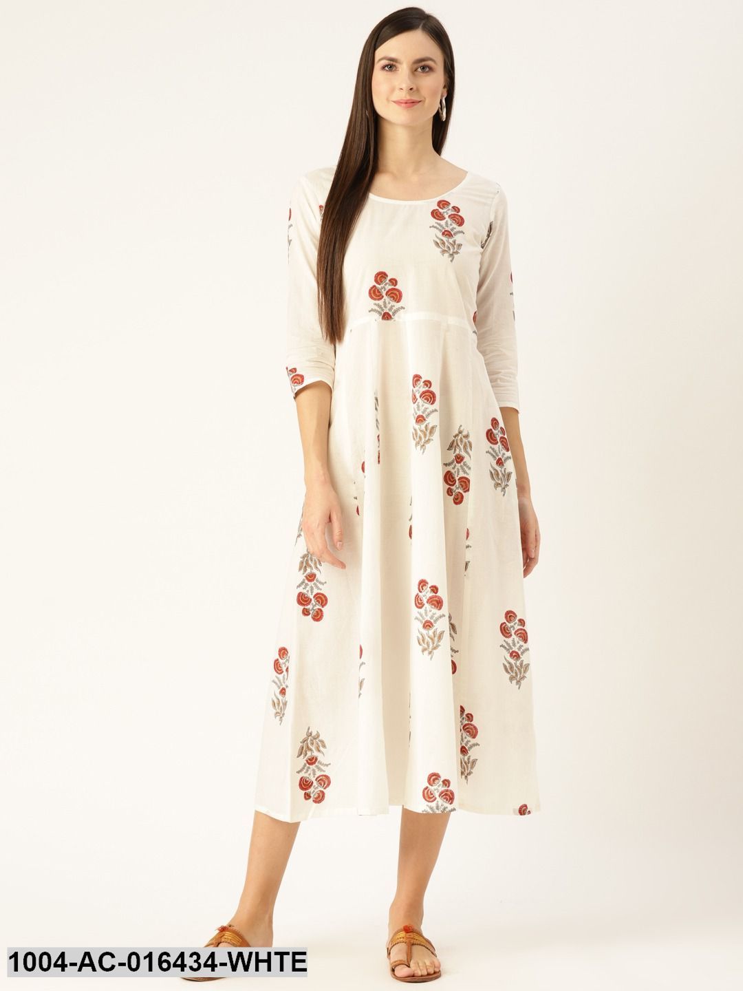 White Floral Printed Round Neck Cotton Fit and Flare Dress