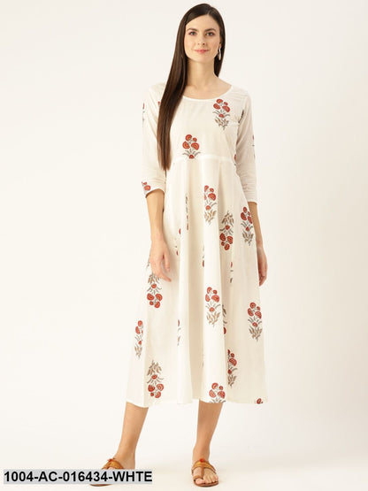 White Floral Printed Round Neck Cotton Fit and Flare Dress