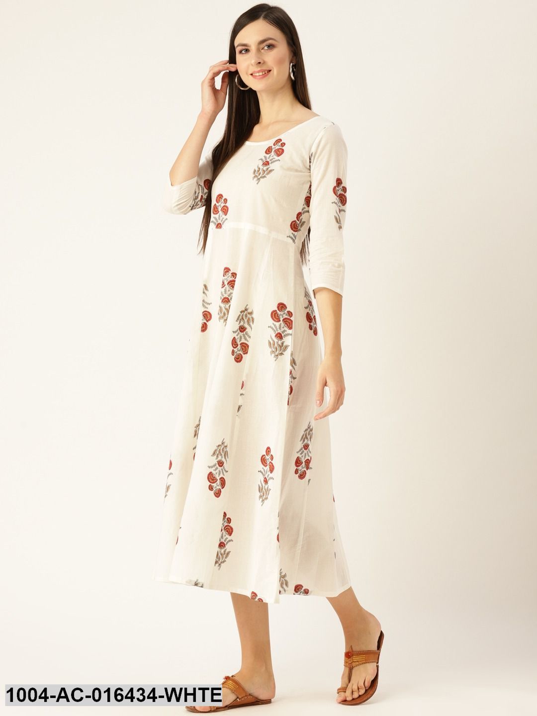 White Floral Printed Round Neck Cotton Fit and Flare Dress