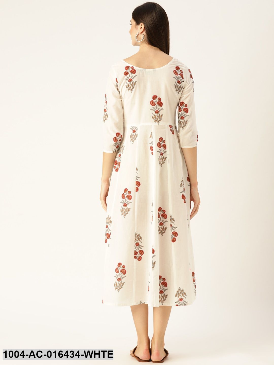 White Floral Printed Round Neck Cotton Fit and Flare Dress