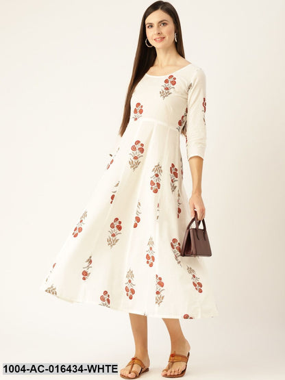 White Floral Printed Round Neck Cotton Fit and Flare Dress