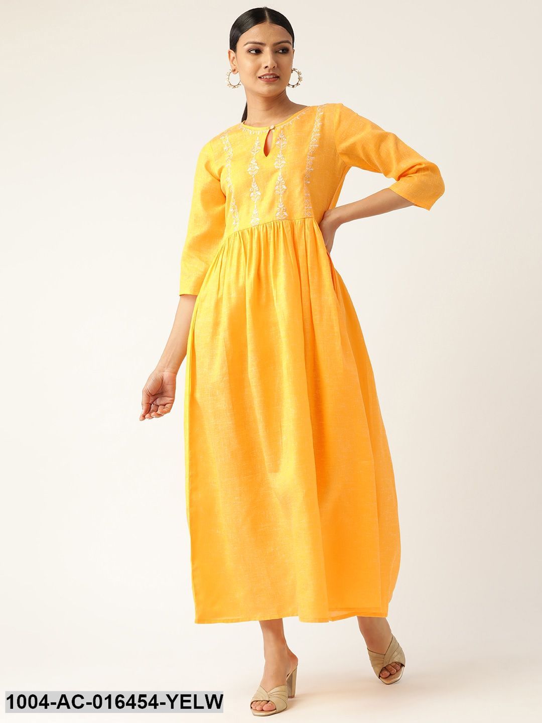 Yellow Solid Solid Keyhole Neck Cotton Fit and Flare Dress