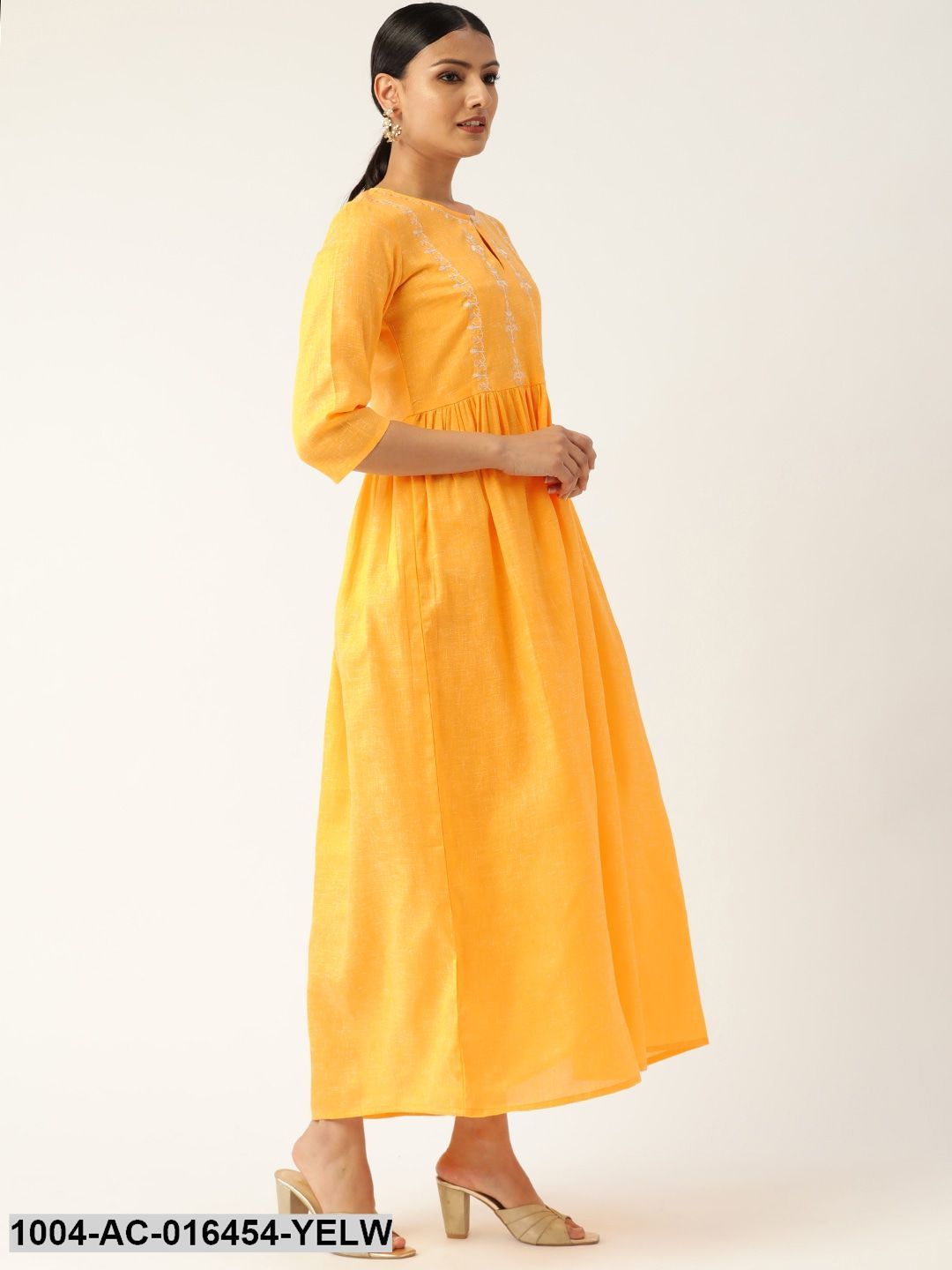 Yellow Solid Solid Keyhole Neck Cotton Fit and Flare Dress