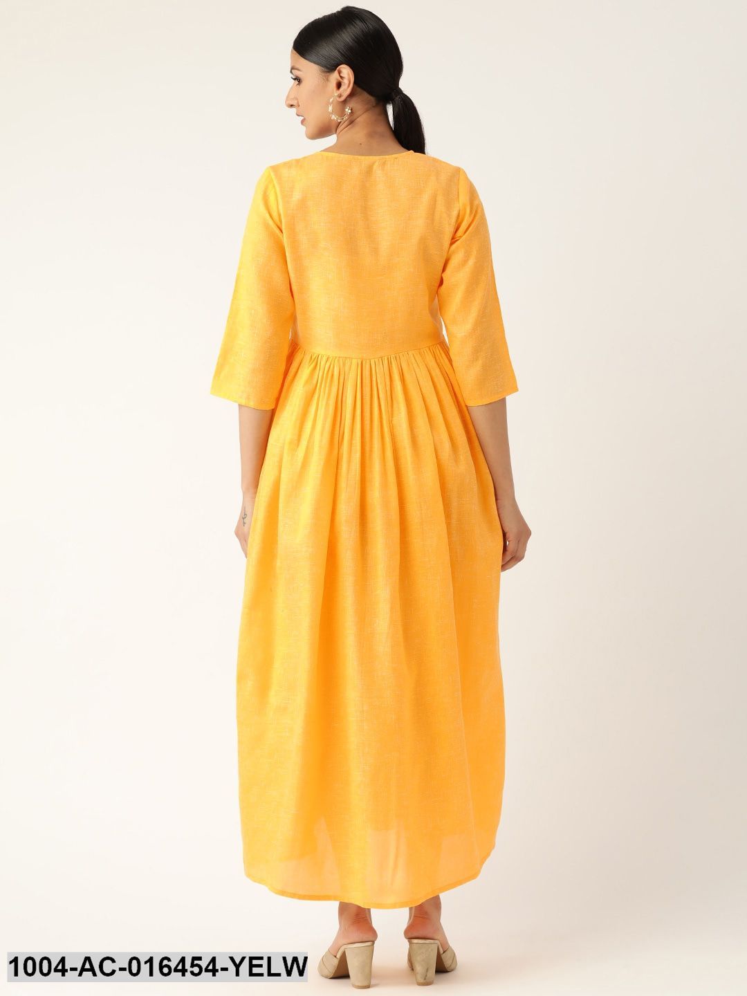 Yellow Solid Solid Keyhole Neck Cotton Fit and Flare Dress