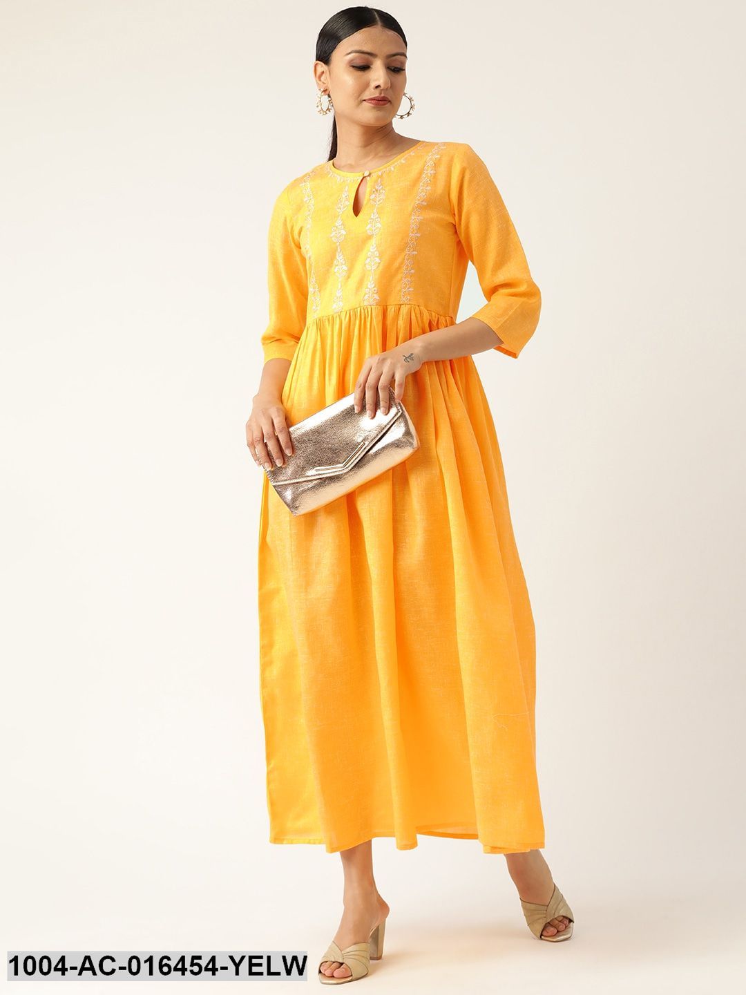 Yellow Solid Solid Keyhole Neck Cotton Fit and Flare Dress