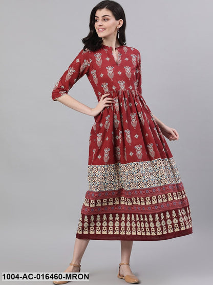 Maroon Ethnic Motifs Printed Mandarin Collar Cotton Maxi Dress