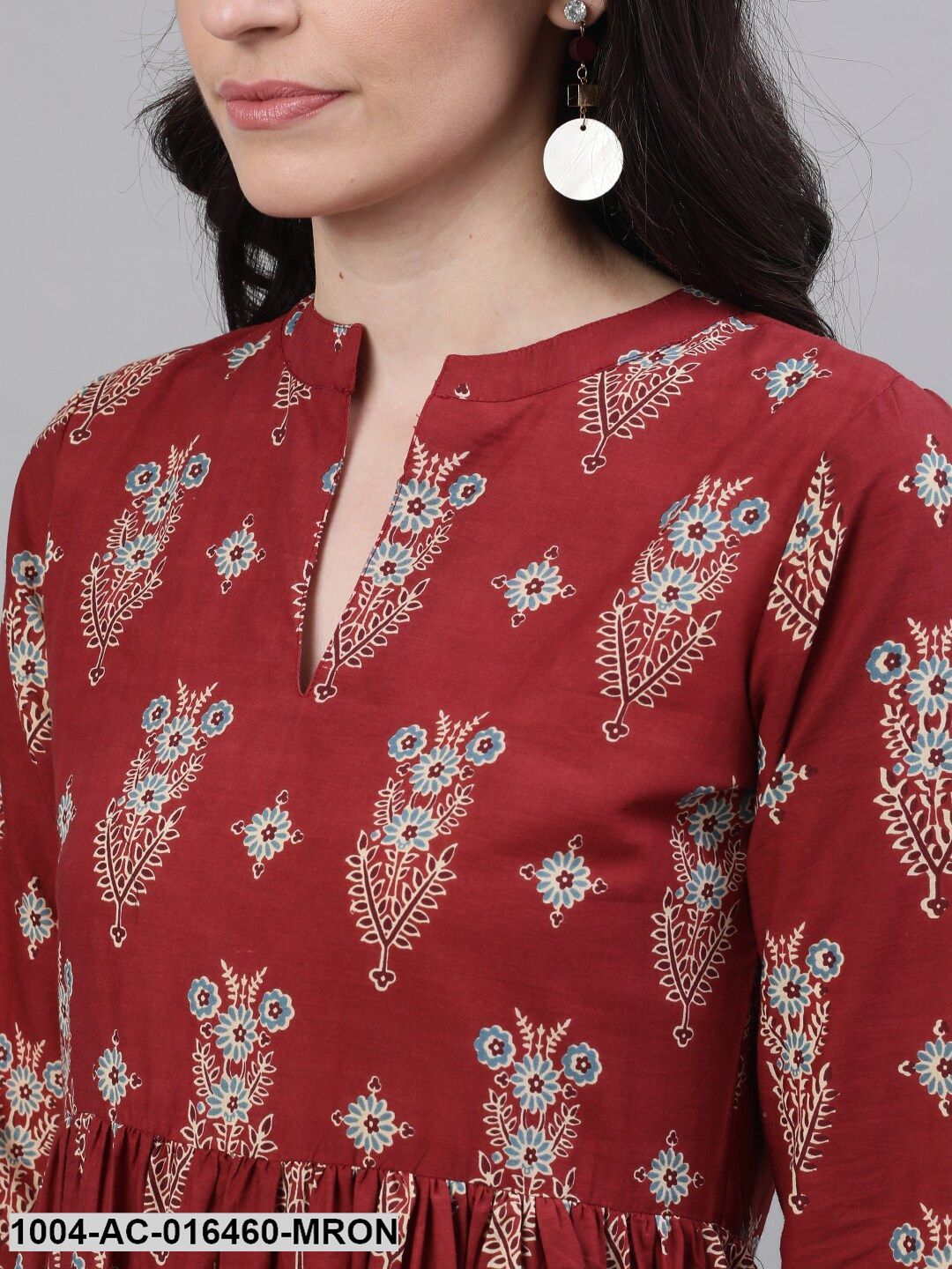 Maroon Ethnic Motifs Printed Mandarin Collar Cotton Maxi Dress