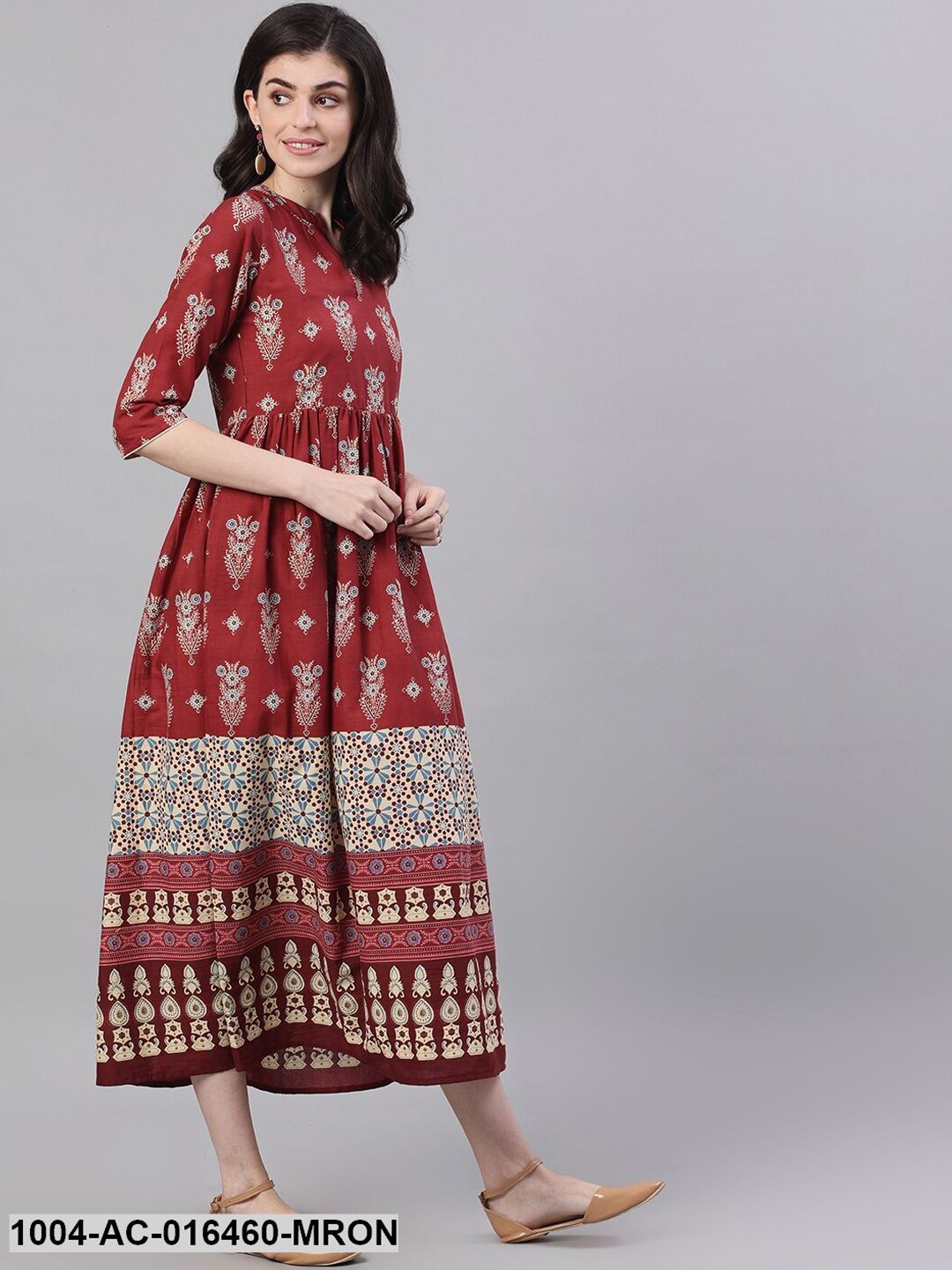 Maroon Ethnic Motifs Printed Mandarin Collar Cotton Maxi Dress