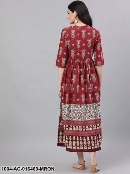 Maroon Ethnic Motifs Printed Mandarin Collar Cotton Maxi Dress