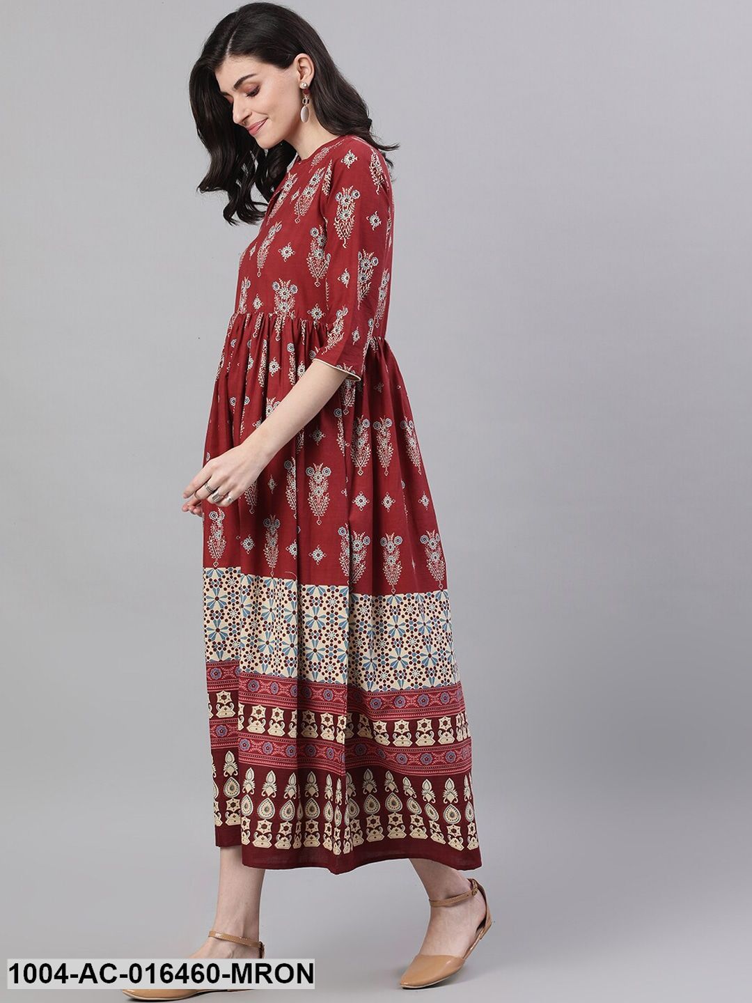 Maroon Ethnic Motifs Printed Mandarin Collar Cotton Maxi Dress