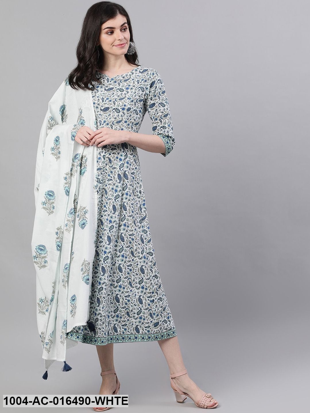 White Ethnic Motifs Printed V-Neck Cotton Maxi Dress With Dupatta