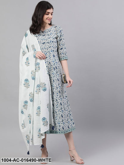 White Ethnic Motifs Printed V-Neck Cotton Maxi Dress With Dupatta