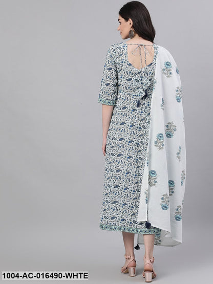 White Ethnic Motifs Printed V-Neck Cotton Maxi Dress With Dupatta