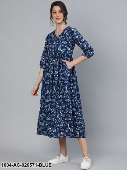 Blue Printed Fit and Flare Cotton Dress