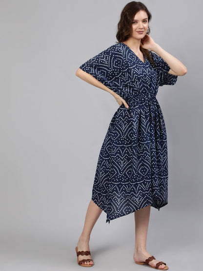 Women Navy Blue Printed Kaftan Dress