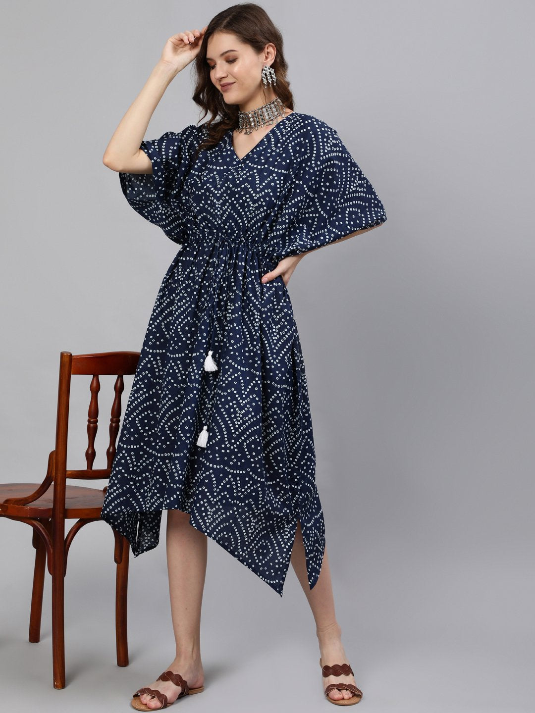 Women Navy Blue Printed Kaftan Dress